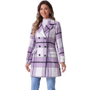 Buffalo Double Breasted Notched Lapel Winter Long Plaids Trench Coat Purple